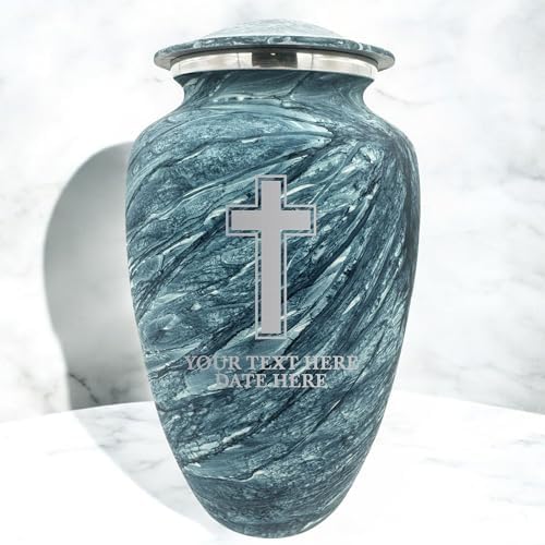 Custom Large Cremation Urn with Name and Memorial Cross - 200 Cubic Inch Blue Urn