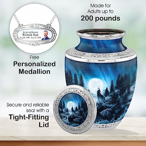 Personalized Medallion Wolf Cremation Urn for Adult Ashes