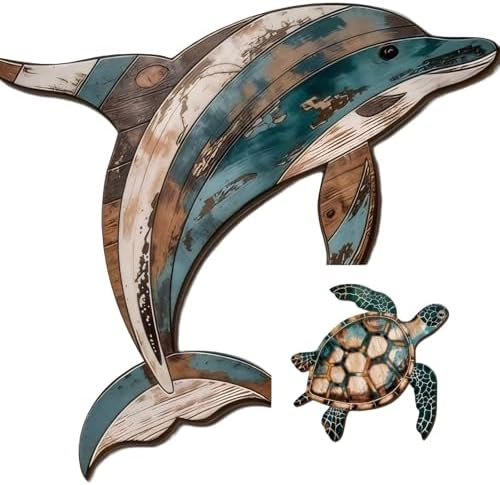GENHAOTHREE Coastal Sea Turtle Dolphin Wall Art Set - Handcrafted Wooden Ocean Decor for Bathroom Pool Garden and Patio
