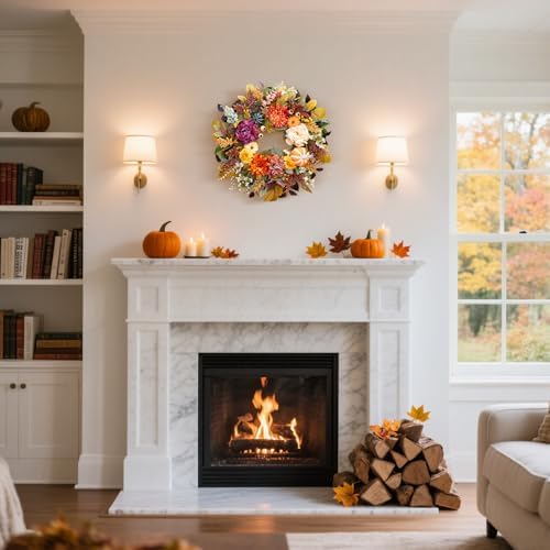 24-Inch Fall Wreath for Front Door with Pumpkins and Artificial Flowers