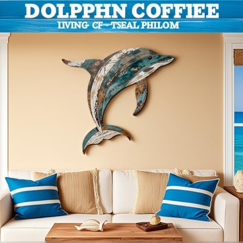 GENHAOTHREE Coastal Sea Turtle Dolphin Wall Art Set - Handcrafted Wooden Ocean Decor for Bathroom Pool Garden and Patio