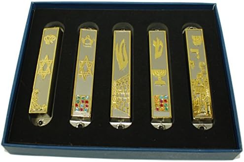 Holy Land Market Set of 5 Pewter Mezuzahs with Gold Plated Symbols and Scrolls