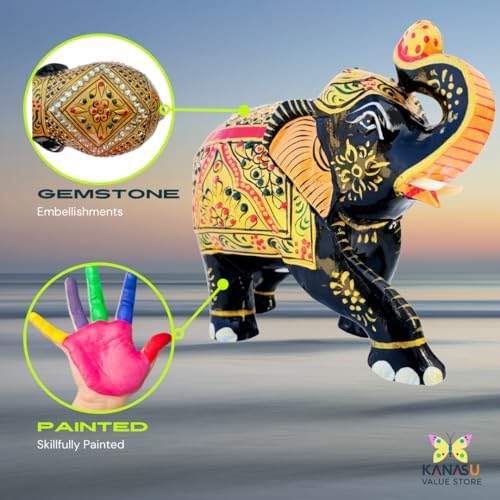 Handcrafted Wooden Elephant Statue with Gold and Gemstone Accents