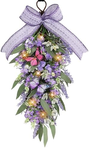 Jusdreen LED Teardrop Lavender Wreath with Butterflies Decor