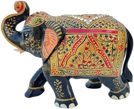Handcrafted Wooden Elephant Statue with Gold and Gemstone Accents