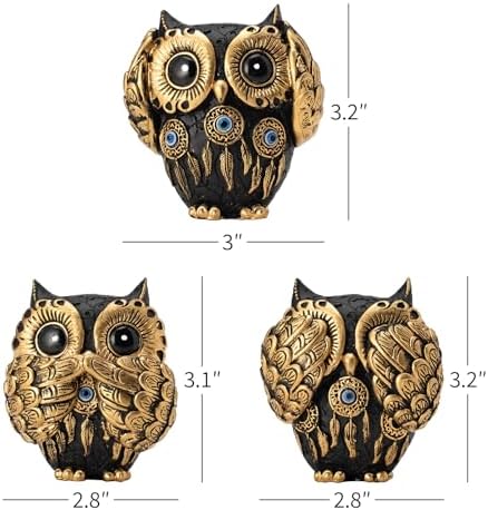 Set of 3 See No Evil Owl Figurines Vintage Black and Gold Design