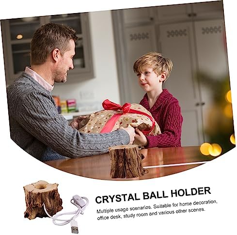 Wooden Stump Crystal Ball Stand with USB Charging LED Night Light Holder for Displaying Art Objects and Decor