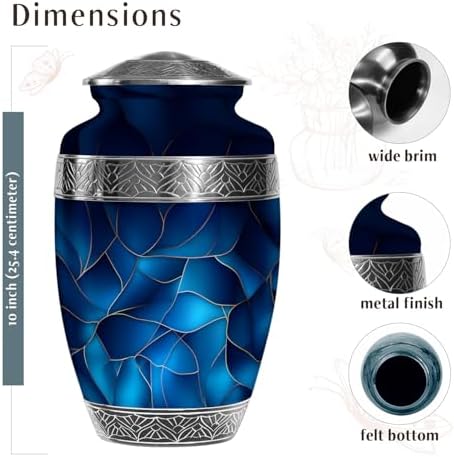 Blue Urn for Human Ashes - Extra Large Cremation Urn with Velvet Bag