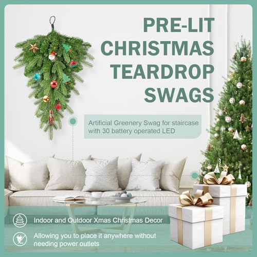 Pre Lit Artificial Christmas Teardrop Swag with 30 LED - 24 in Pine Greenery Staircase Decor