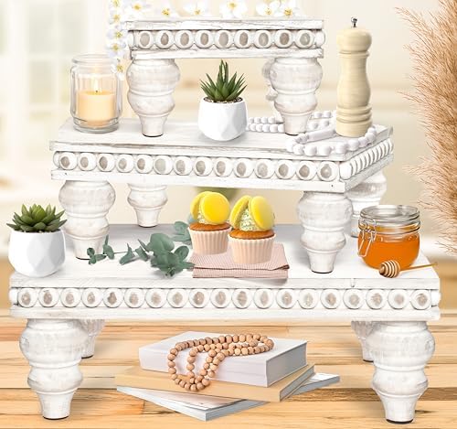 Wooden Tiered Tray Set - 3 Piece Farmhouse Display Risers