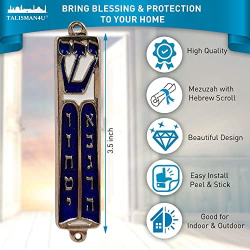 Talisman4u Ten Commandments Mezuzah Scroll Silver Tone Blue Enamel 35 Inch