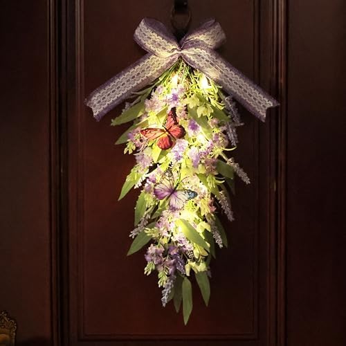 Jusdreen LED Teardrop Lavender Wreath with Butterflies Decor