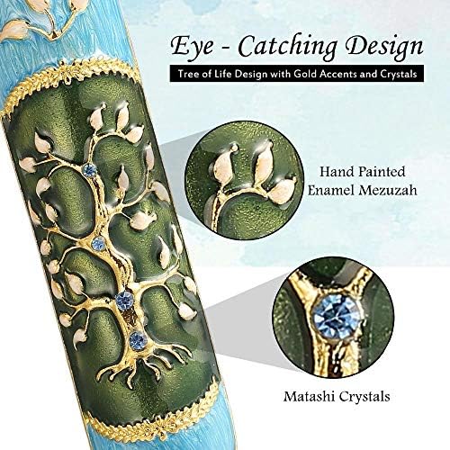 Hand Painted Enamel Mezuzah with Tree of Life Design and Gold Accents