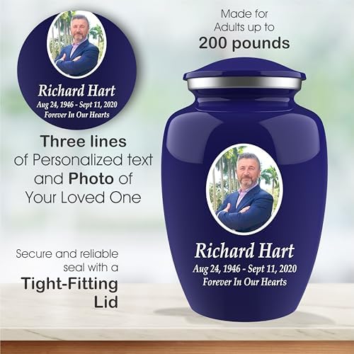 Personalized Photo Cremation Urn with Engraving and Velvet Bag Blue