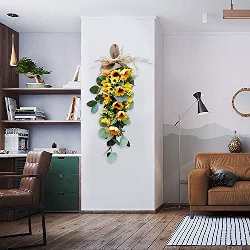 GWOKWAI 2Pcs Artificial Sunflower Teardrop Swag 236In Spring Decor Wreath for Front Door Holiday Wall Hanging