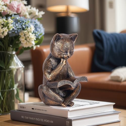 Reading Cat Figurine 64 In Bronze Decor Sculpture