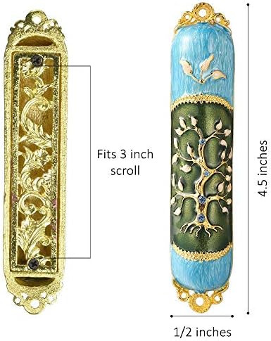 Hand Painted Enamel Mezuzah with Tree of Life Design and Gold Accents