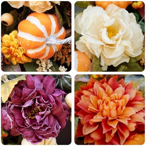 24-Inch Fall Wreath for Front Door with Pumpkins and Artificial Flowers