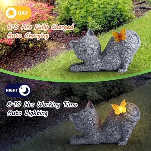Solar Cat Garden Statue with Glowing Butterfly