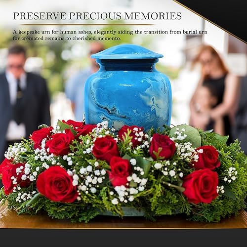 Cremation Urn for Human Ashes - Decorative Blue Marble Aluminum Urn with Velvet Bag