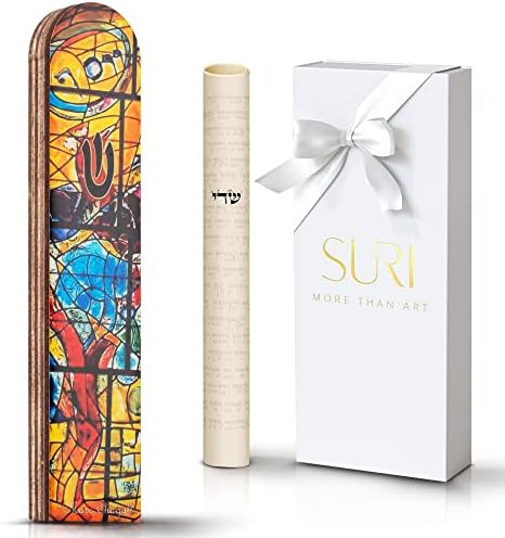 SURI Wooden Mezuzah with Yellow Design Contemporary 5 Door Scroll Holder