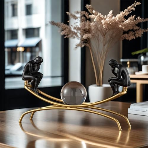 FUNSXBUG The Thinker Statue with Crystal Ball Collectible Figurine Home Decor Black