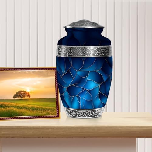 Blue Urn for Human Ashes - Extra Large Cremation Urn with Velvet Bag