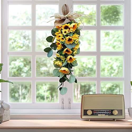 GWOKWAI 2Pcs Artificial Sunflower Teardrop Swag 236In Spring Decor Wreath for Front Door Holiday Wall Hanging