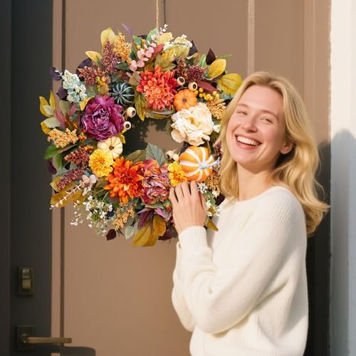 24-Inch Fall Wreath for Front Door with Pumpkins and Artificial Flowers
