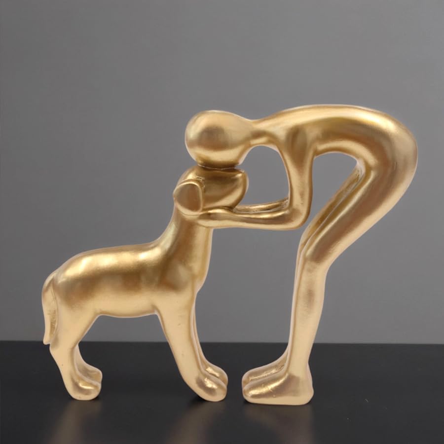 Human and Dog Statue Home Decor Figurine Gold