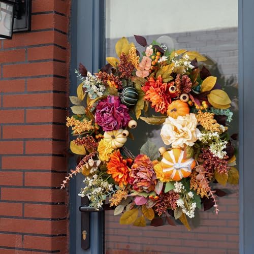 24-Inch Fall Wreath for Front Door with Pumpkins and Artificial Flowers