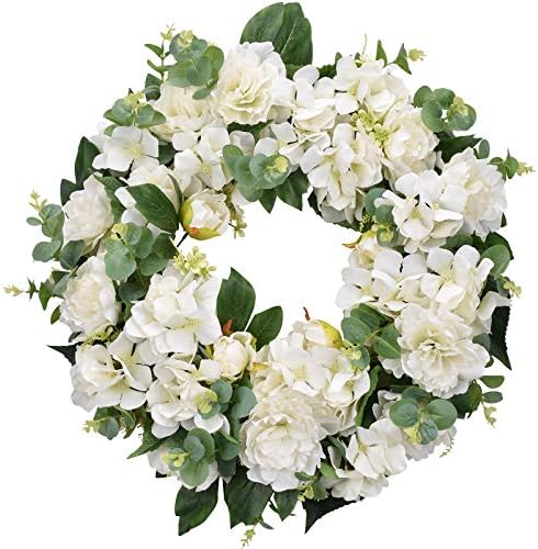 I-GURU Spring Wreath for Front Door Greenery Summer Door Wreaths with White Peony Flowers and Eucalyptus Decor