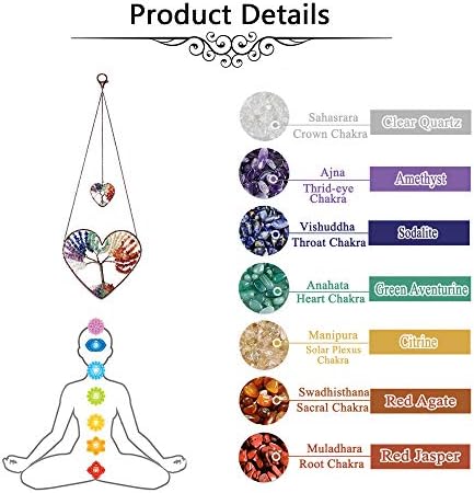 JOVIVI Double Heart Tree of Life Hanging Ornament with 7 Chakra Healing Crystals