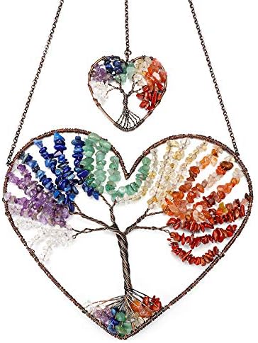 JOVIVI Double Heart Tree of Life Hanging Ornament with 7 Chakra Healing Crystals