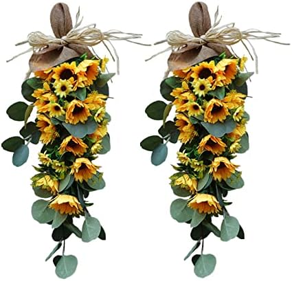 GWOKWAI 2Pcs Artificial Sunflower Teardrop Swag 236In Spring Decor Wreath for Front Door Holiday Wall Hanging
