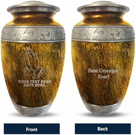 Personalized Cremation Urn with Praying Hands Design - 200 Cubic Inch Distressed Silver Inlay