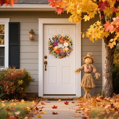 24-Inch Fall Wreath for Front Door with Pumpkins and Artificial Flowers