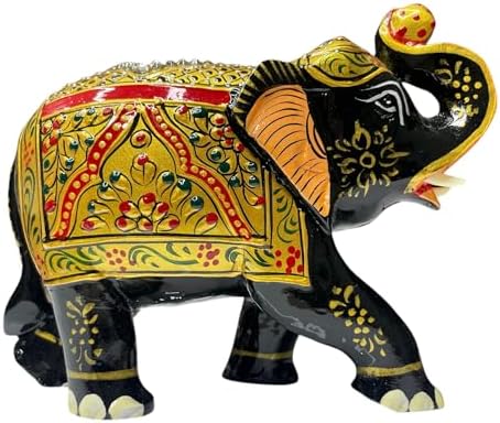 Handcrafted Wooden Elephant Statue with Gold and Gemstone Accents