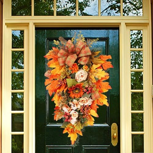 Artificial Fall Teardrop Swag Wreath for Front Door
