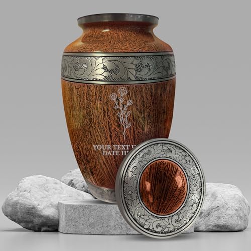 Personalized Cremation Urn for Ashes - Distressed Silver Inlay 200 Cubic Inch Floral Design Memorial Urn for Men Women