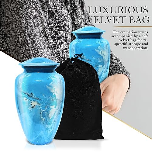 Cremation Urn for Human Ashes - Decorative Blue Marble Aluminum Urn with Velvet Bag