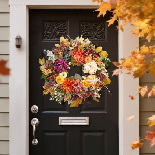 24-Inch Fall Wreath for Front Door with Pumpkins and Artificial Flowers