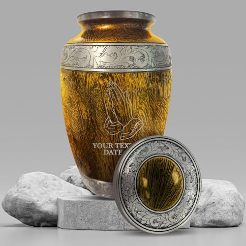 Personalized Cremation Urn with Praying Hands Design - 200 Cubic Inch Distressed Silver Inlay