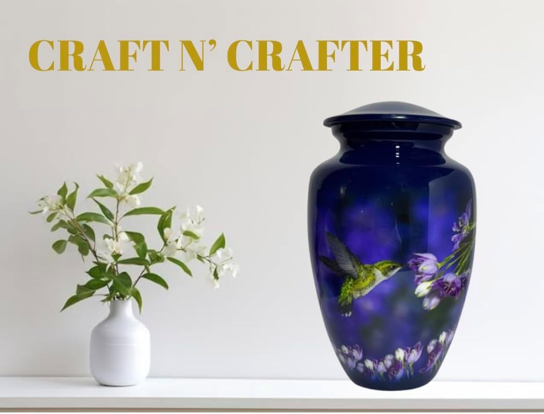 Beautiful Cremation Urns for Adult Human Ashes - Handcrafted Decorative Urn with Hummingbird Design - Blue - Large