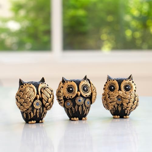 Set of 3 See No Evil Owl Figurines Vintage Black and Gold Design