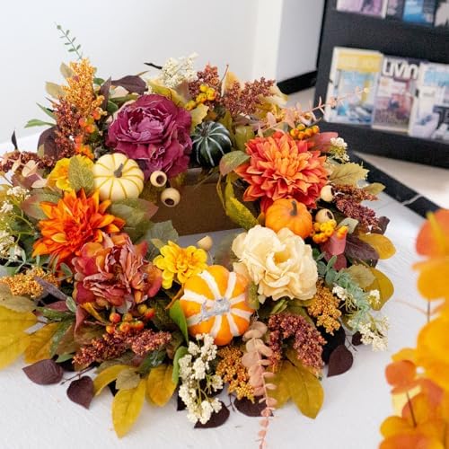 24-Inch Fall Wreath for Front Door with Pumpkins and Artificial Flowers