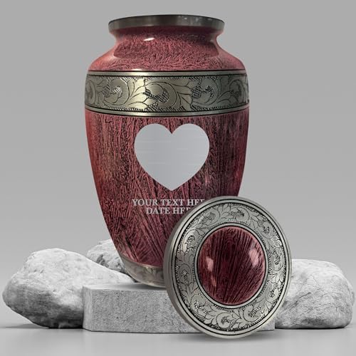 Personalized Distressed Silver Urn for Ashes - Heart Design Cremation Vessel Elevate Collection 200 Cubic Inch