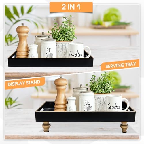 MAONAME Black Display Riser Decorative Tray 2 in 1 Pedestal Stand Serving Tray with Feet Rectangular