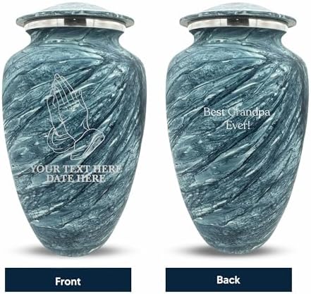 Custom Large Adult Cremation Urn with Name and Praying Hands Design - 200 Cubic Inch Blue Urn