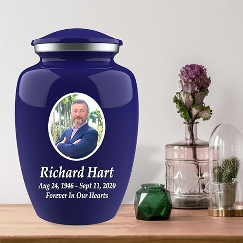 Personalized Photo Cremation Urn with Engraving and Velvet Bag Blue